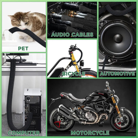 132 Ft Expandable Braided Cable Sleeve Kit With Four Size Set One Quarter Inch, Three Eighths Inch, One Half Inch, Three Quarters Inch PET Mesh Wire Loom for pet protection, audio cables, bicycles, automotive, computers, motorcycles