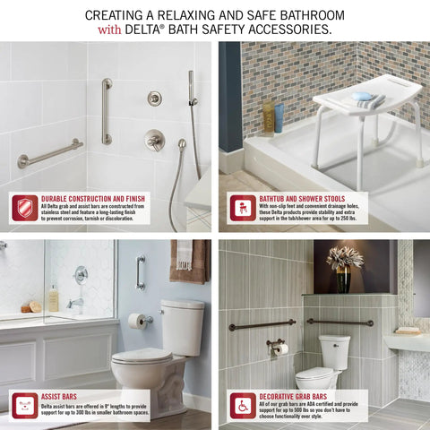 Collage of bathroom safety accessories including a 36 Inch Stainless Steel Grab Bar With Zinc Posts, stools, and decor bars.