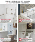Collage of bathroom safety accessories featuring Venetian Bronze 24 Inch Traditional Grab Bar For Shower And Toilet Heavy Duty Support Up To 450 Lbs Zinc Posts With Stainless Steel Bar ADA Compliant Bathroom Safety Grip and other safety items in use.