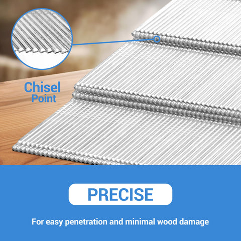 Close-up of silver chisel point 15 Gauge Finish Nails One And Three Quarters Inch 34 Degree Angled Galvanized Finishing Nails