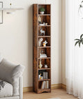 Tall 71 Inch Rustic Wood Bookshelf With 6 Adjustable Shelves And Elevated Dust And Moisture Proof Base in room corner