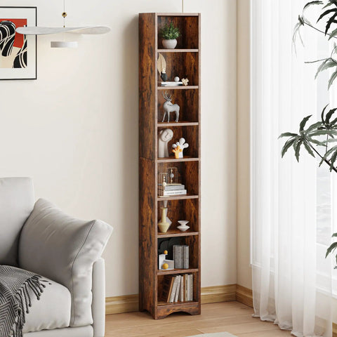 Tall 71 Inch Rustic Wood Bookshelf With 6 Adjustable Shelves And Elevated Dust And Moisture Proof Base in room corner