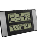 Atomic Clock With Outdoor Temperature Sensor Wireless Indoor Outdoor Weather Station Real Time Temperature Readouts 330 Feet Transmission Range Auto DST Time Sync No Fuss Gray And Black, digital display showing time and temperature readings