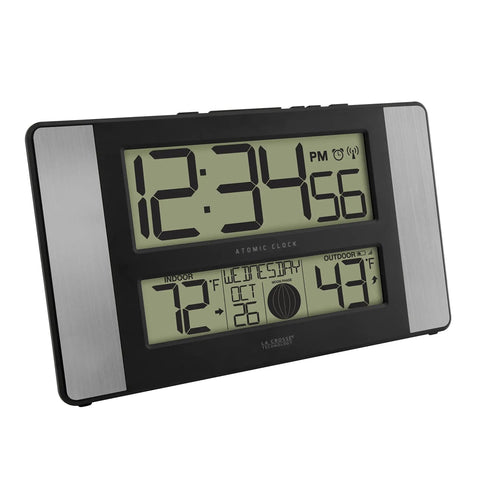 Atomic Clock With Outdoor Temperature Sensor Wireless Indoor Outdoor Weather Station Real Time Temperature Readouts 330 Feet Transmission Range Auto DST Time Sync No Fuss Gray And Black, digital display showing time and temperature readings