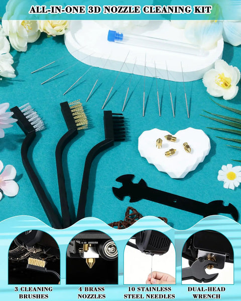 Top Shelf 78 Piece 3D Printer Tool Kit With Tough Storage Case For All FDM And SLA Printers including cleaning brushes and nozzles.