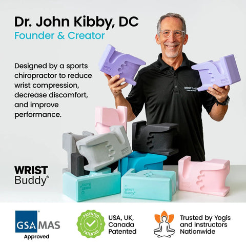 High Density Yoga Blocks Pair Ergonomic Wrist Support Hand Shaped Non Slip Surface displayed by Dr. John Kibby with various colors.