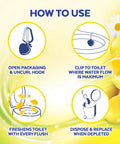Infographic showing how to use Automatic Toilet Bowl Cleaner Pods Twin Pack That Freshen With Every Flush, Antimicrobial Hook