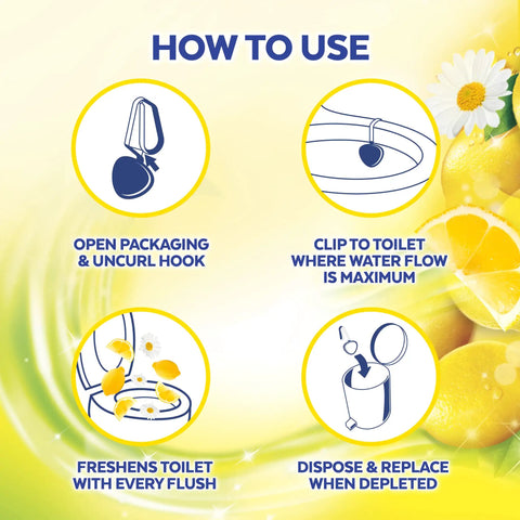 Infographic showing how to use Automatic Toilet Bowl Cleaner Pods Twin Pack That Freshen With Every Flush, Antimicrobial Hook