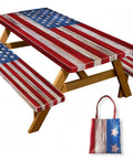 Picnic Table Cover With Bench Covers, American Flag Design, Waterproof And Windproof Fitted Tablecloth With Elastic Edges, storage bag visible