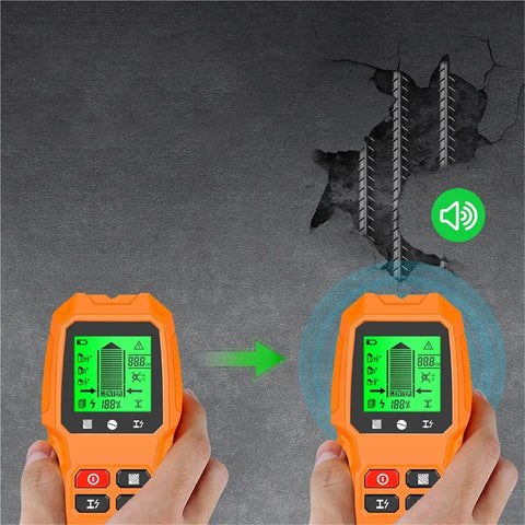 7 In 1 Wall Scanner Stud Finder With High Contrast Lcd Panel detecting a metal structure in the wall using a high contrast screen.