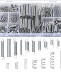 210-piece zinc-plated steel spring kit with compression and extension springs in a clear plastic organizer box