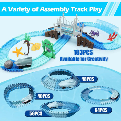 Shark Race Track Set With Bendable Cars For Kids Aged 3 To 9, 183 Piece Ocean Themed STEM Playset Featuring Flexible Tracks