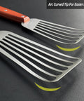 Two stainless steel slotted fish spatulas with wooden handles and curved blades (3x6 in, 4x8 in).