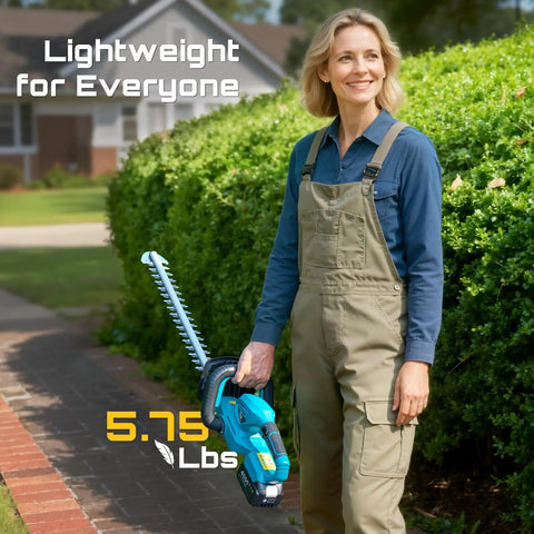Woman holding Cordless 20V Hedge Trimmer With 20 Inch Dual Action Blades Dual 4.0Ah Batteries Rotatable Handle outdoors
