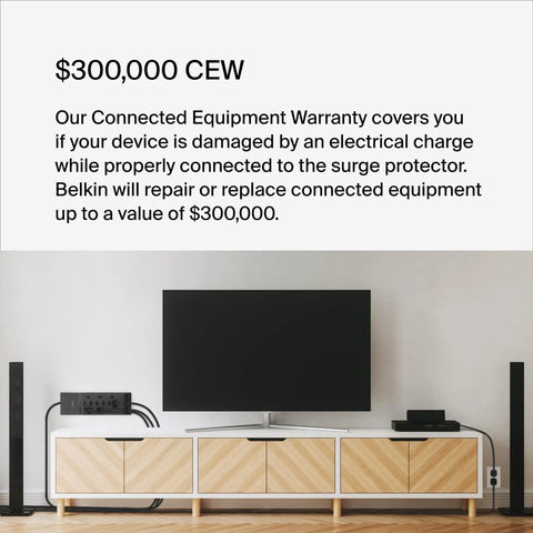 Living room setup with TV, speakers, and connected devices using 12-Outlet Surge Protector Power Strip With 12 AC Outlets And 8ft Flat Plug