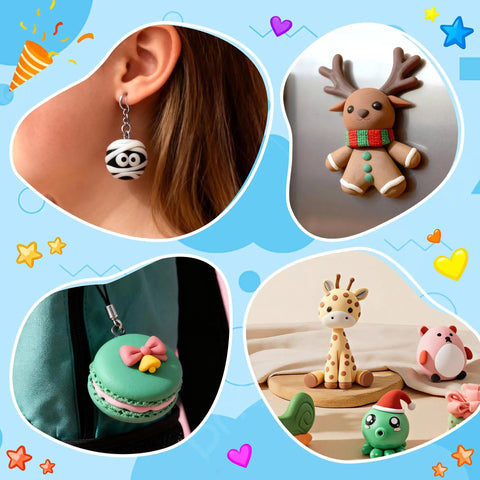 52-Color Polymer Clay Kit With Sculpting Tools And Storage Box For Starter-Friendly Beginners, showcasing clay creations.