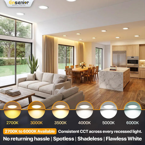 Kickass Brightness 12 Pack 6 Inch Led Recessed Lighting With Zero Hassle Canless Wafer Design shown in a modern living space.