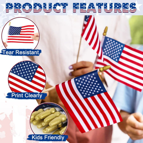 Product features of 50 Pack 4x6 Inch American Flags On Sticks For Fourth Of July And Patriotic Events Tear Resistant Handheld USA Flags