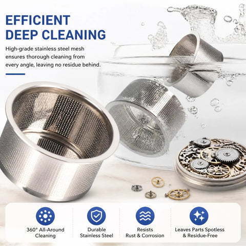 Top Grade Stainless Steel Mesh Watch Parts Cleaner Basket For Ultrasonic Jewelry Care with gears in water.