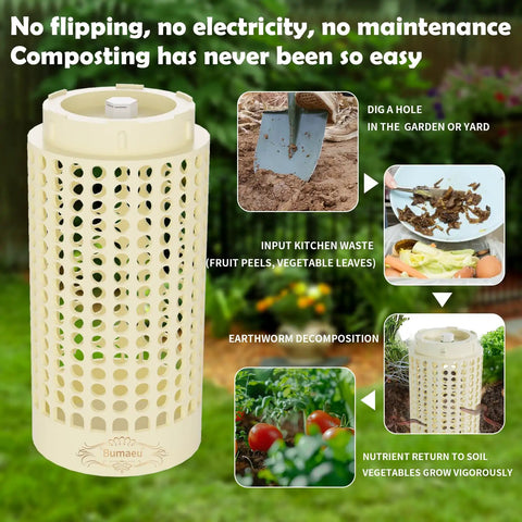 Compact Vermicomposting Bin For Outdoor Gardens, Easy No Fuss Worm Farm Kit Turns Kitchen Scraps Into Rich Compost, white with lid and holes, shown with composting process steps.