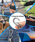 Eight Pack Of 304 Stainless Steel Spring Snap Hooks With Heavy Duty Latch Clips showcasing various outdoor uses like fishing and camping.