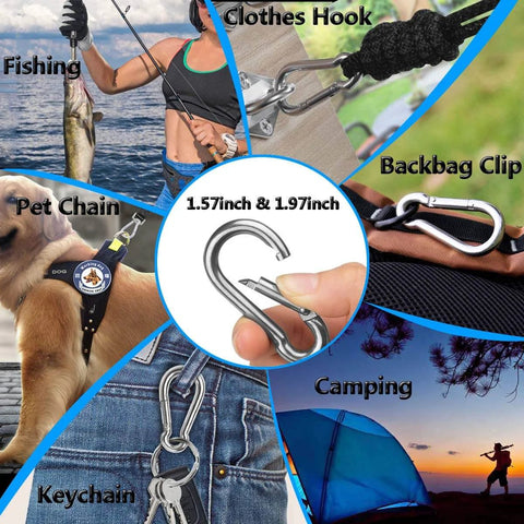 Eight Pack Of 304 Stainless Steel Spring Snap Hooks With Heavy Duty Latch Clips showcasing various outdoor uses like fishing and camping.
