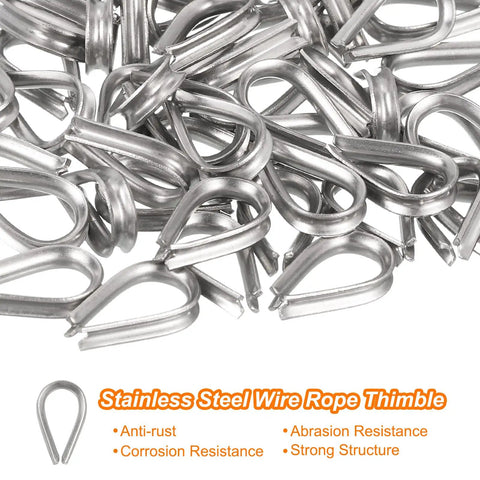 50 Pack Heavy Duty Stainless Steel Wire Rope Thimbles 1/16 Inch Cable Sleeves, close-up of thimbles showing anti-rust design.