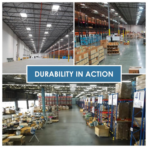 Large industrial warehouse lit by 4Ft LED High Bay Lights For Warehouse And Shop, 400W, 54,000 Lumens.