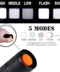 Two Pack LED Tactical Flashlights, 2000 Lumens, five modes diagram including High, Medium, Low, Strobe, and SOS with orange power button