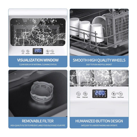 Hassle Free Countertop Dishwasher Fully Automatic Smart Drying Front Loading Compact featuring visualization window and removable filter.