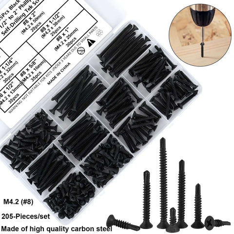 205 Pieces Black Flat Head Self Drilling Screws Set For Metal And Woodworking Phillips Drive Countersunk Self Tapping TEK Screws Sheet Metal Deck Screws Drill Point 8 Gauge To Two Inch Carbon Steel in box with close-up of screw being drilled into wood