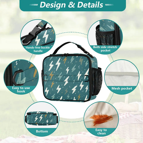 Lightning Bolt Insulated Lunch Bag For Kids And Adults With Sturdy Shoulder Straps, Grab And Go Portable Cooler Lunch Box With Roomy Main Compartment And Side Pockets, Perfect For School Office Travel And Everyday Use, teal polyester