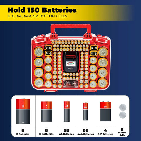 Smart Battery Organizer Case With Tester Double Sided Battery Daddy Style Storage That Holds Up To 150 Batteries Clear Locking Lid