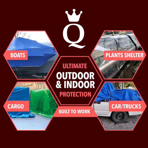 Ultra Rugged Waterproof Tarp 20x25 Heavy Duty UV And Tear Resistant For Camping Outdoor Furniture Cars Tents Painting Firewood Protection For All Weather Use shown with various uses.