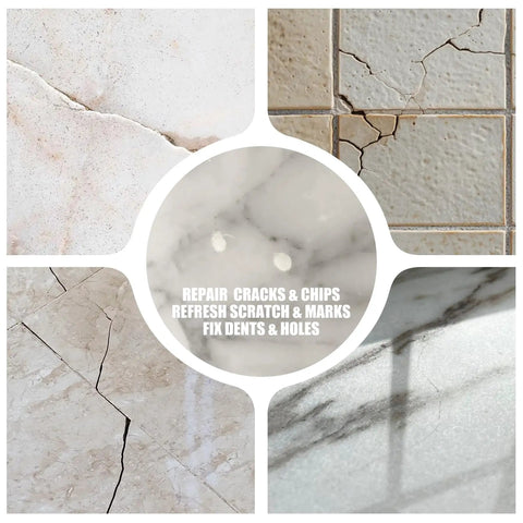 Various surfaces showing cracks and chips, suitable for Tile Repair Kit For Porcelain And Ceramic Surfaces, Quick Fix For Scratches, Chips, Dents And Holes In Bathtubs And Shower Trays, Repairs Marble, Granite, Quartz, Acrylic, Fiberglass Countertops And More For A Look That Looks Brand New.