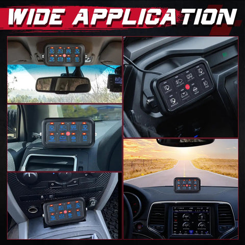 8 Gang Switch Panel 12V 24V Dimmable Strobe Momentary Universal Circuit Control Box On Off LED Touch Switch Pod installed in vehicle