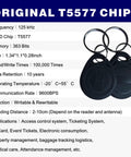 125KHz RFID Fob Tags T5577 Writable Cards Pack Of 10 With Keychain Ring, original T5577 chip, specifications displayed.