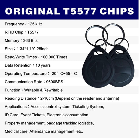 125KHz RFID Fob Tags T5577 Writable Cards Pack Of 10 With Keychain Ring, original T5577 chip, specifications displayed.
