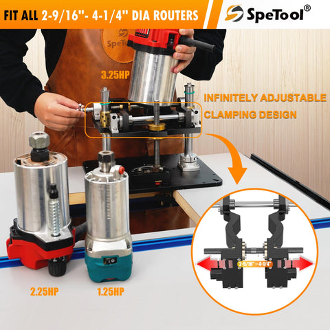Beefy Heavy Duty Aluminum Router Lift Kit For 1.25 HP 2.25 HP And 3.25 HP Routers with adjustable clamping design on table