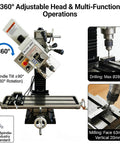 Precision Heavy Duty Benchtop Mill And Drill With 1300W Brushless Motor showing 360° adjustable head for versatile operations.