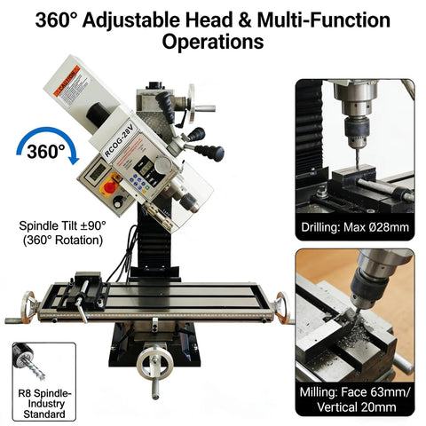 Precision Heavy Duty Benchtop Mill And Drill With 1300W Brushless Motor showing 360° adjustable head for versatile operations.