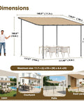 Dimensions of 12x10 Lean-To Gazebo Pergola With Weatherproof Canopy, Wall-Mounted Galvanized Steel Frame for Patio, Deck, Backyard