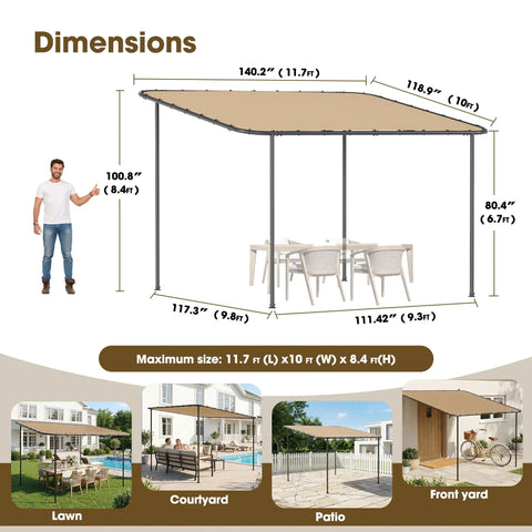 Dimensions of 12x10 Lean-To Gazebo Pergola With Weatherproof Canopy, Wall-Mounted Galvanized Steel Frame for Patio, Deck, Backyard