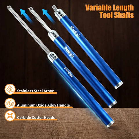 Premium Pro Grade Carbide Lathe Tools For Wood Lathe Set with blue handles and stainless steel arbor shown on wood surface.