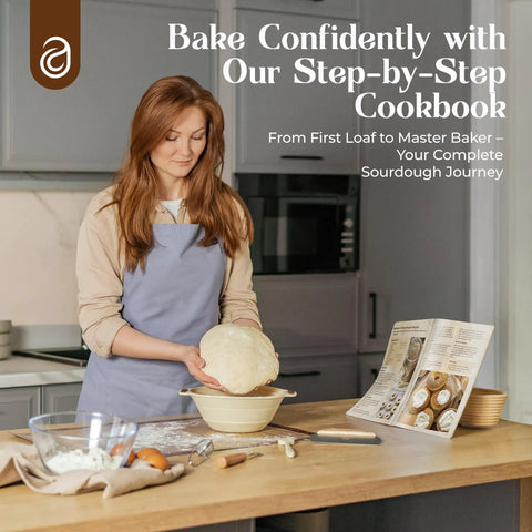 Woman using Starter Kit With Dutch Oven And Scale For Bread, Complete Set With Proofing Baskets, 34oz Jar, Slings for baking