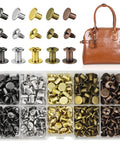 Top Shelf Ni Plated Chicago Screws And Heavy Duty Leather Rivets kit showing assorted fasteners and a brown handbag.