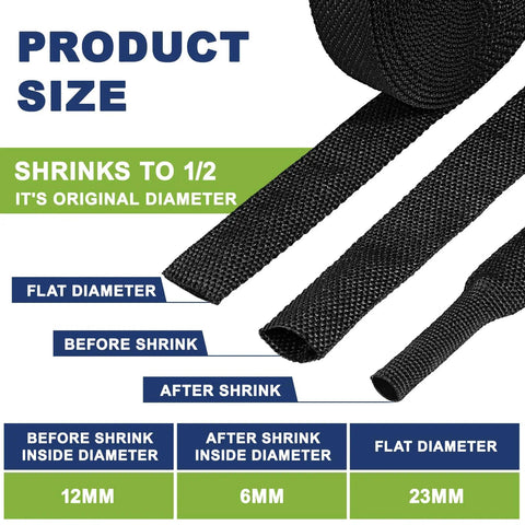 2 To 1 Shrink Ratio Heat Shrink Wire Loom Braided Cable Sleeves for Automotive Wiring Harness showing shrink sizes.