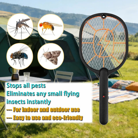 Two Pack Electric Fly Swatter Racket Set, AA Battery Powered Bug Zapper For Indoor Outdoor Use, Black and Gray in campsite