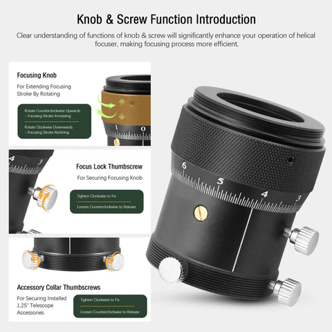 Double Helical Focuser For Telescopes 0.05mm Scale And 10mm Stroke 1.25 Inch Guide Scope showing knobs and screws functions.