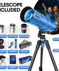 90mm Aperture Portable Telescope For Kids And Adults With 550mm Focal Length High Powered Astronomy Scope Beginner Friendly Includes Tripod Adapter Carry Bag And Folding Stool For Travel, shown with accessories like tripod and eyepieces.